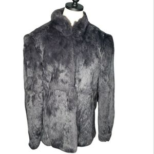 Vtg Luxury Genuine Rabbit Fur Coat Old Money 80's Big Shoulders Mockneck Mobwife